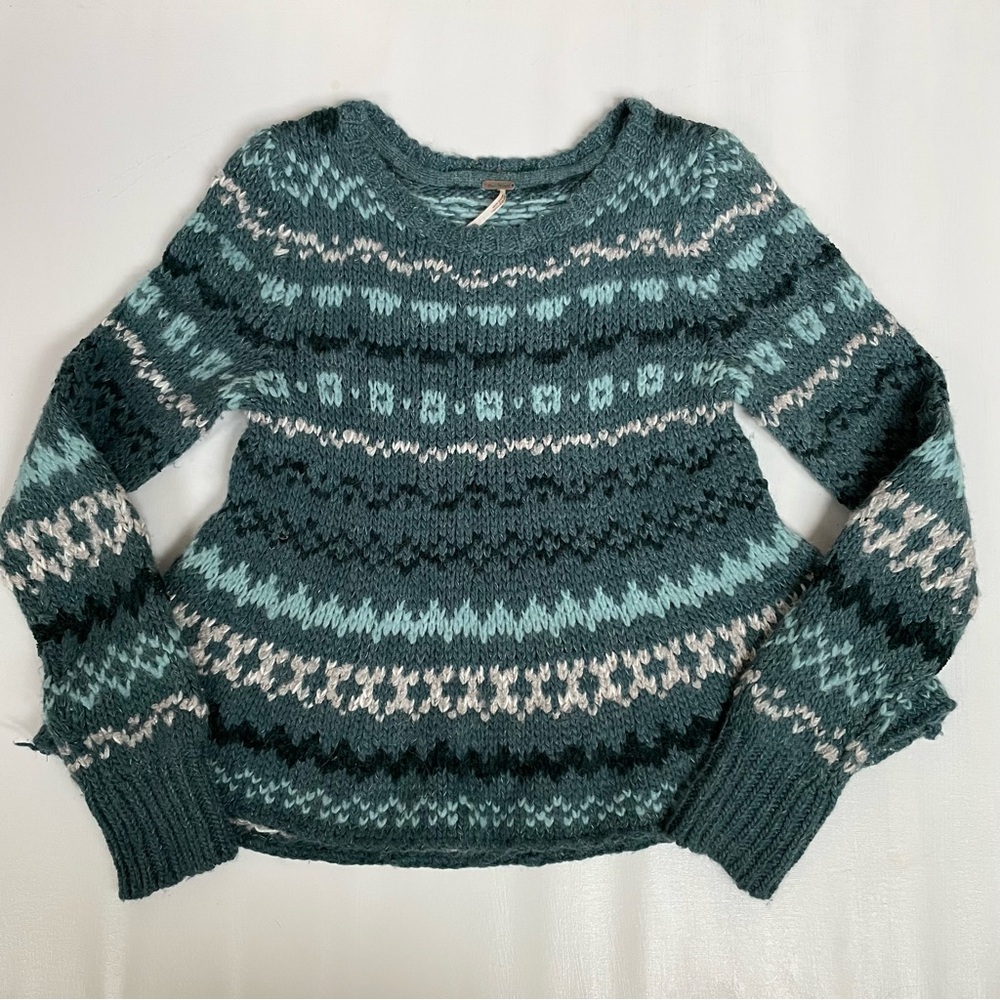 Free People‎ Fair Isle Knit Women Sweater XS Through Storm Sea Wool Blend Cabin